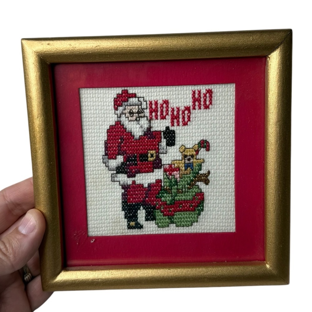 Framed Santa Cross-Stitch Art in Gold and Red